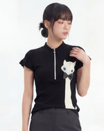 ハーフジップ スタンドカラー フリル袖 猫モチーフ 半袖Tシャツ