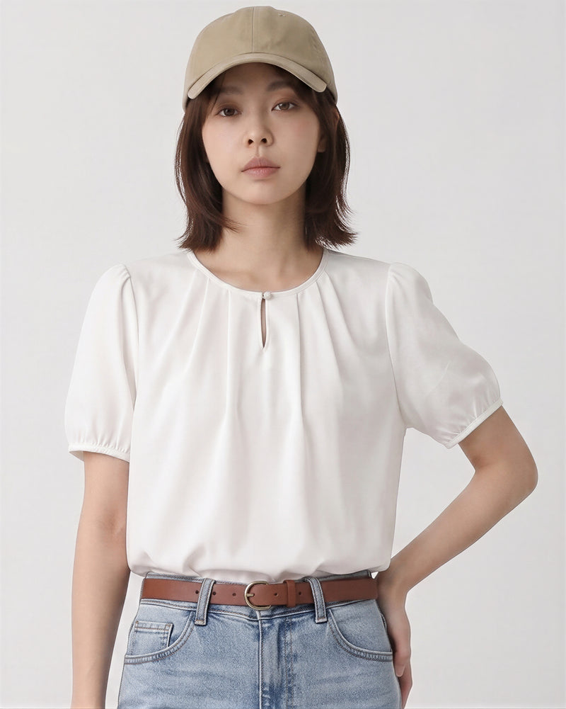 ラウンドネック カットアウト パフスリーブTシャツ-ホワイト-2XL