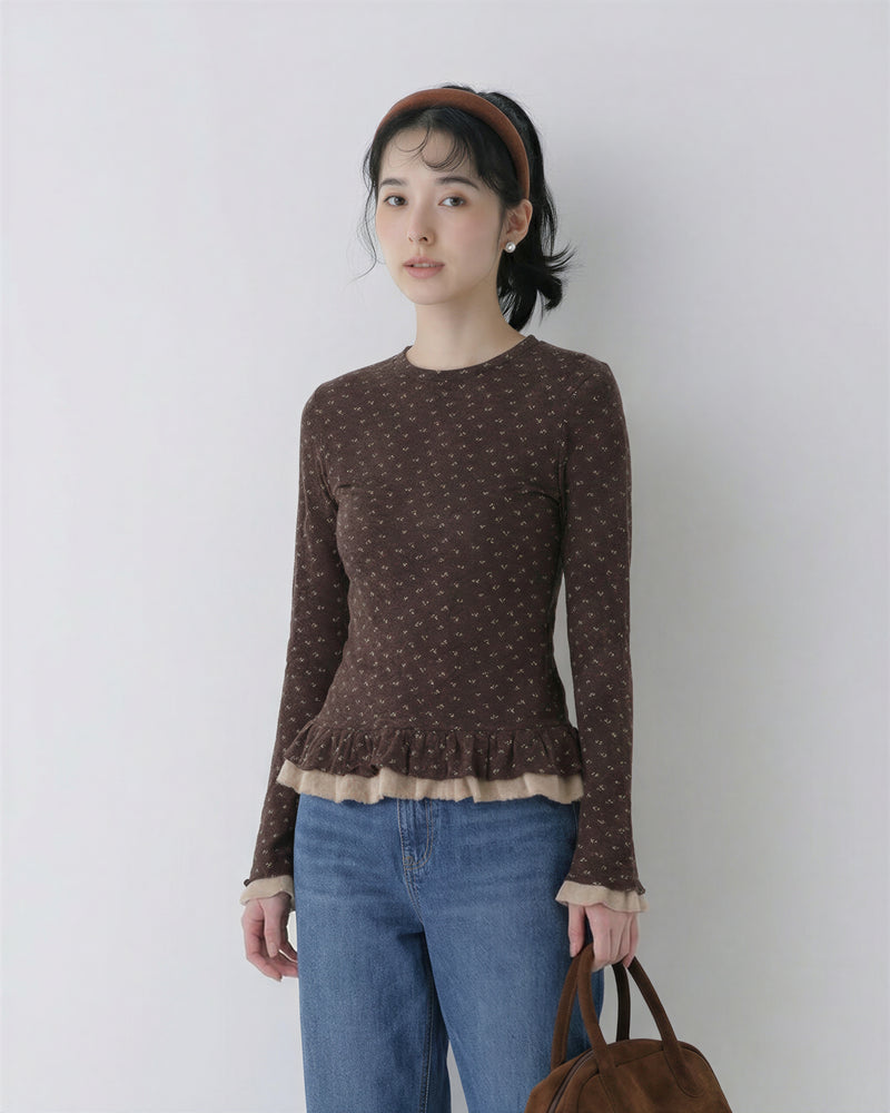 小花柄プリント フリルヘム切替 スリムフィット クルーネック 長袖Tシャツ
