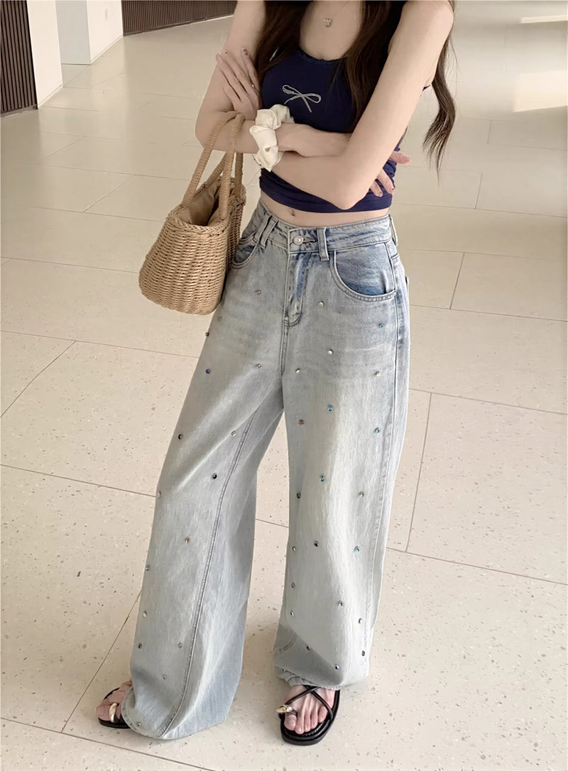ライトブルー ハイウエスト ビーズ付きワイドデニムパンツ