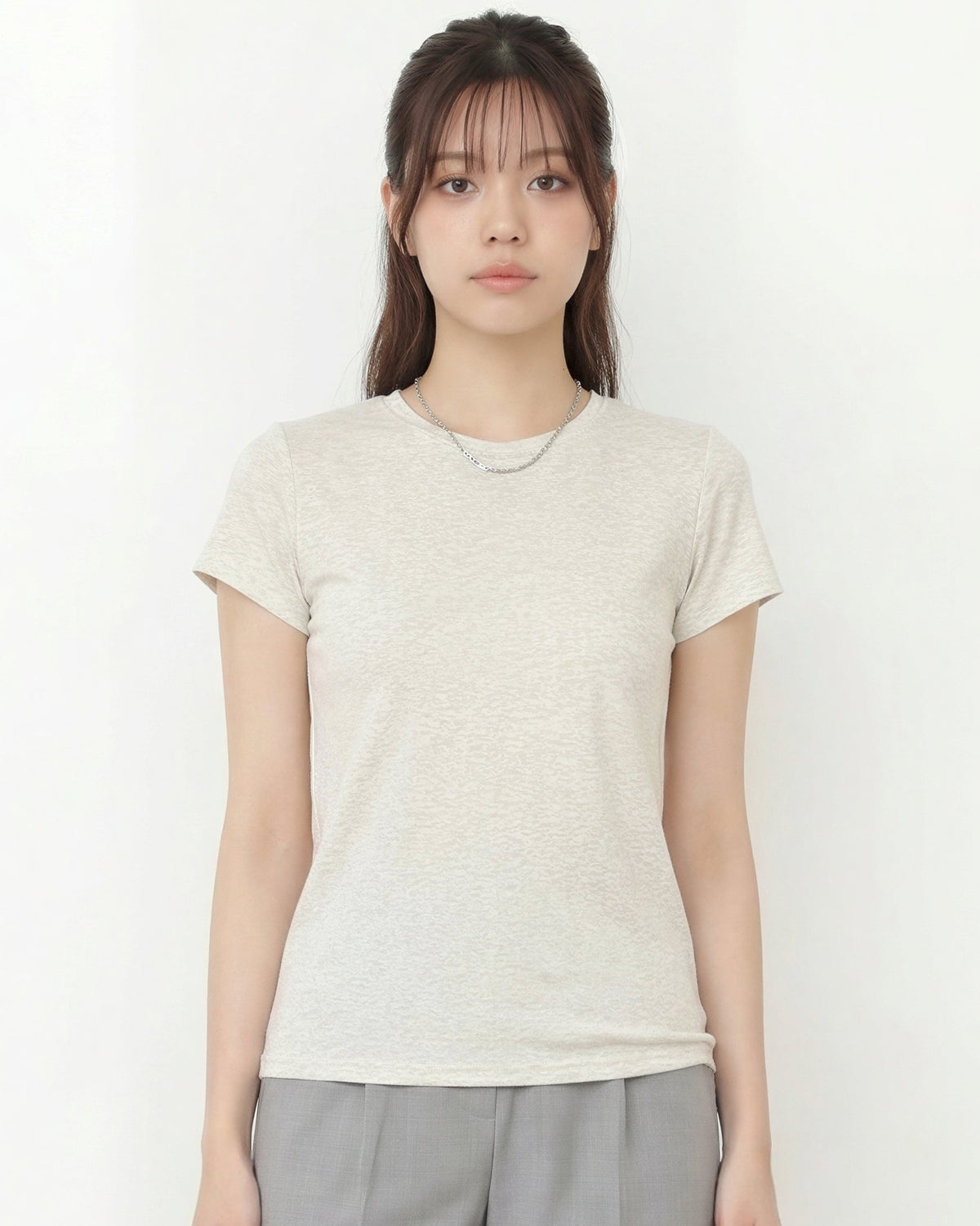 ウエストすっきり見え ラウンドネック 半袖Tシャツ