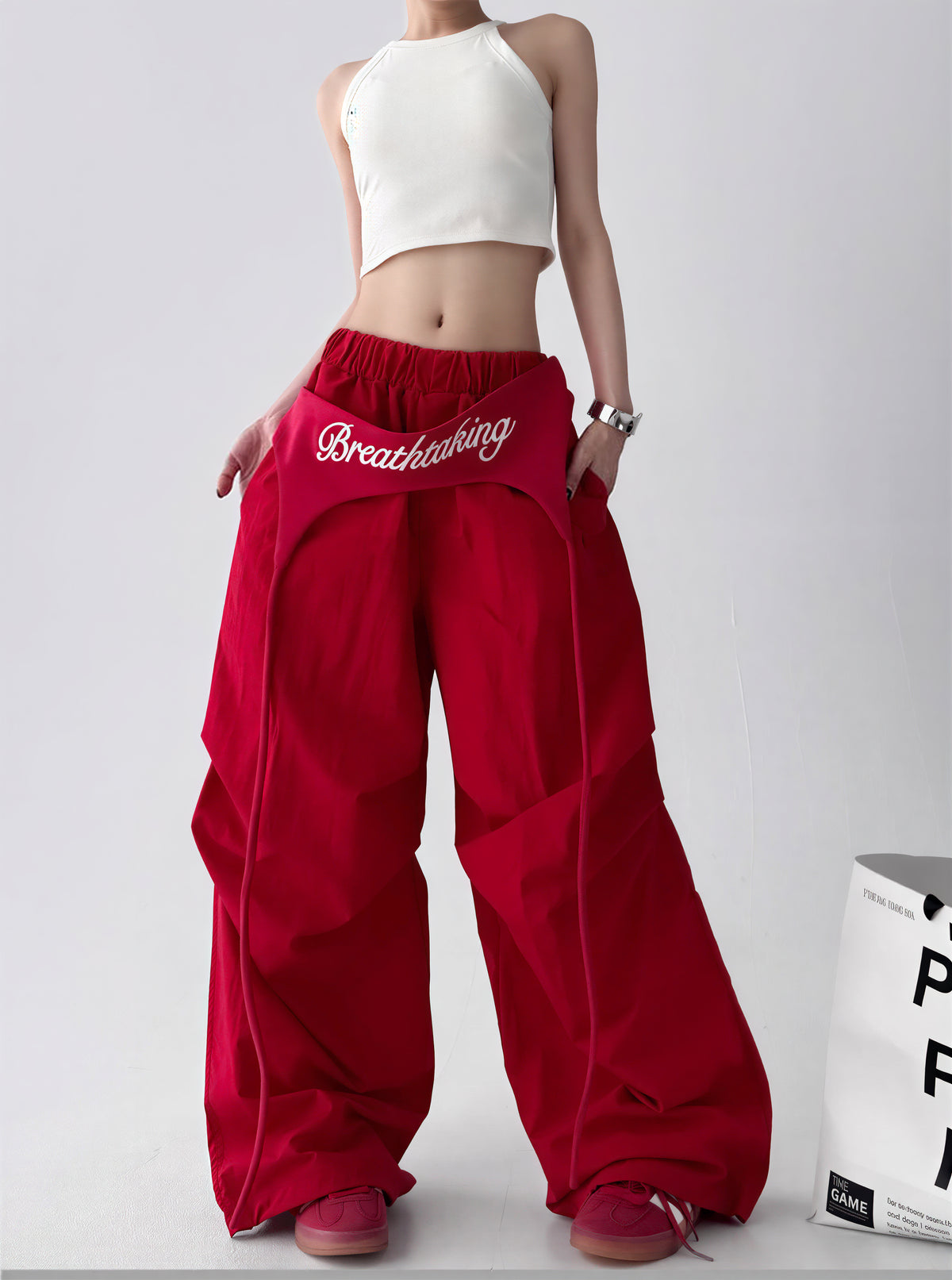 ローライズ切り替えドローストリングワイドパンツ-チェリーレッド-2XL