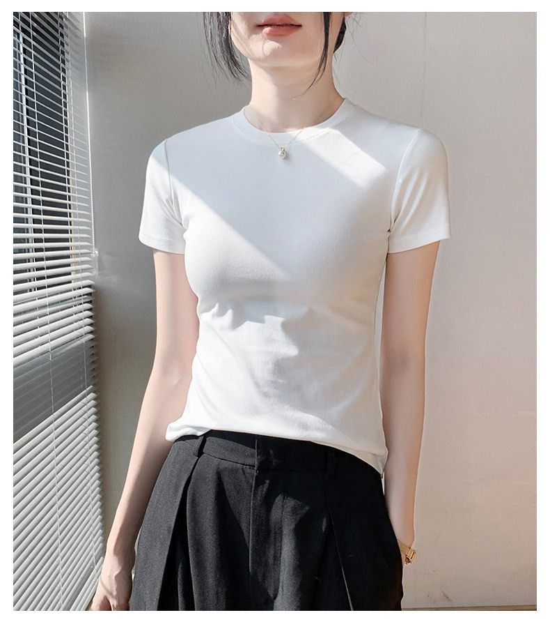 スリムフィット 伸縮性 クルーネック ショート丈 半袖Tシャツ