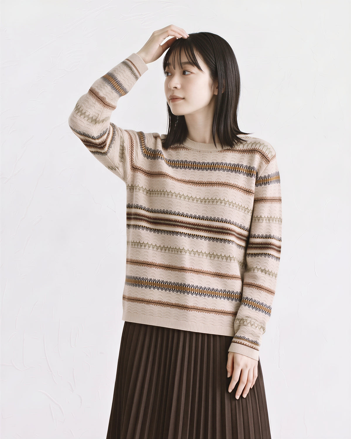 ライトベージュ ジャカードボーダー クルーネックニット-ライトベージュ-XL