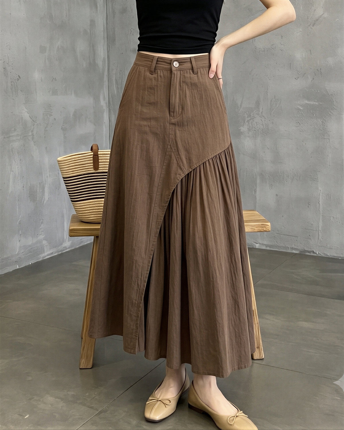 【秋新作】【全2色】S~XL アシンメトリー切り替えプリーツ Aラインロングスカート