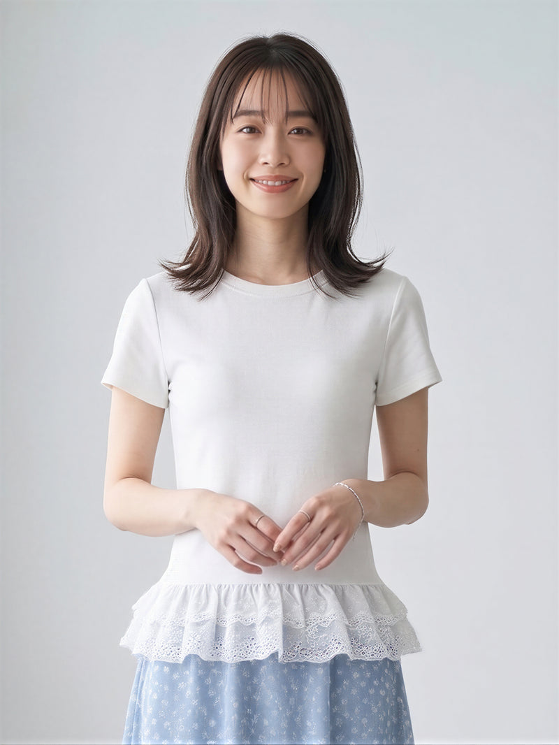 レース切り替えフリルヘムTシャツ