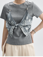 半袖Tシャツ2枚フェイクスカーフ個性的アートキルティングトップス