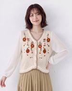 花刺繍入り スカラップヘム ニットカーディガン