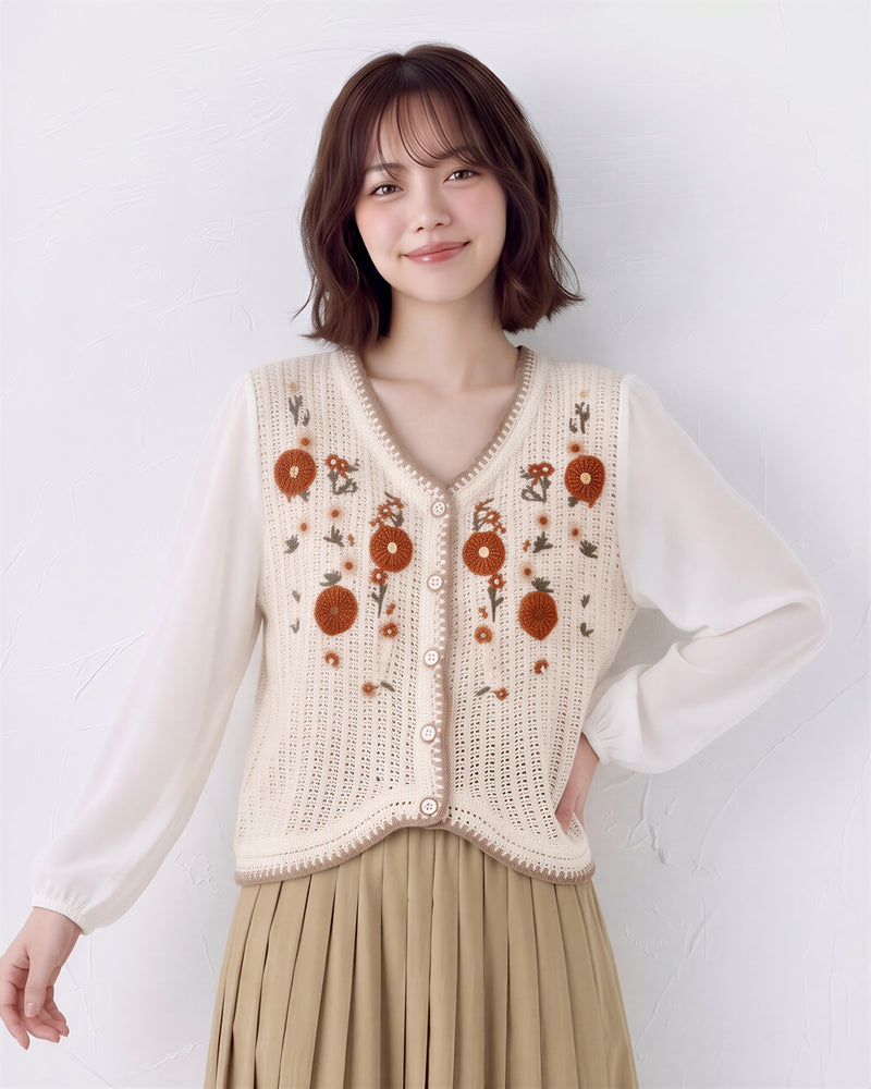 花刺繍入り スカラップヘム ニットカーディガン
