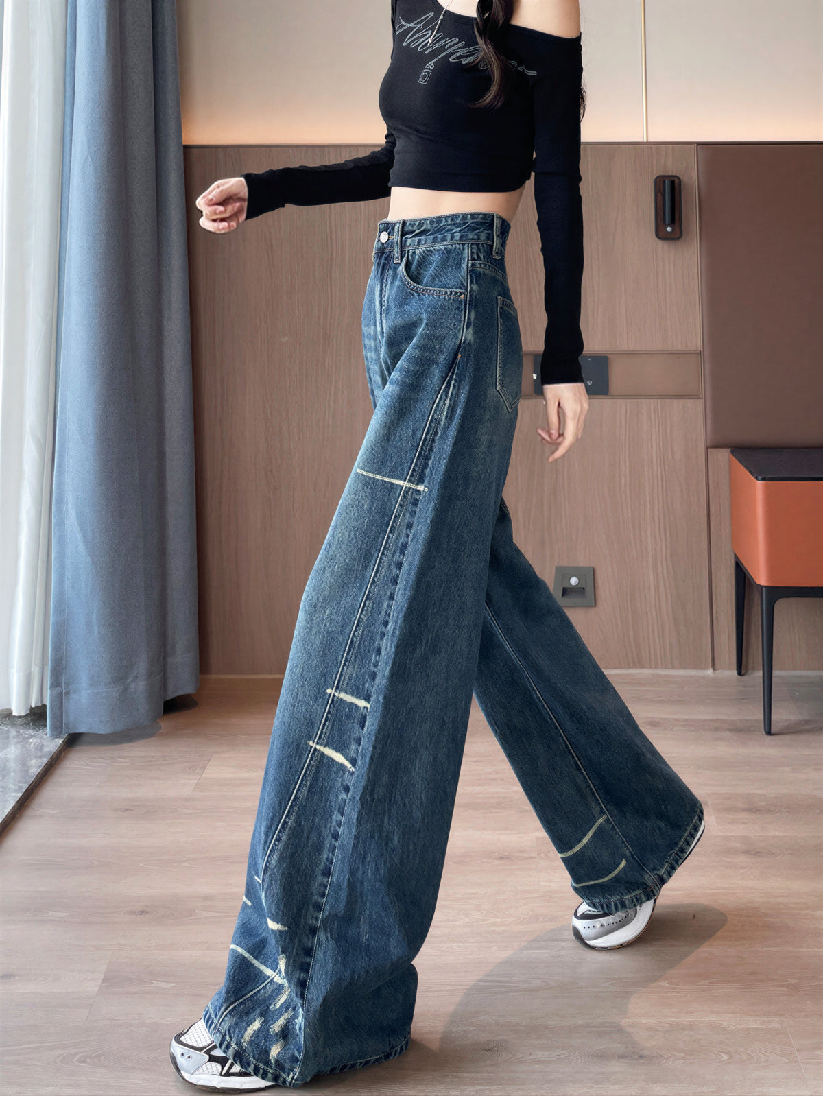 ハイウエスト ワイドレッグ フロアレングス デニムパンツ