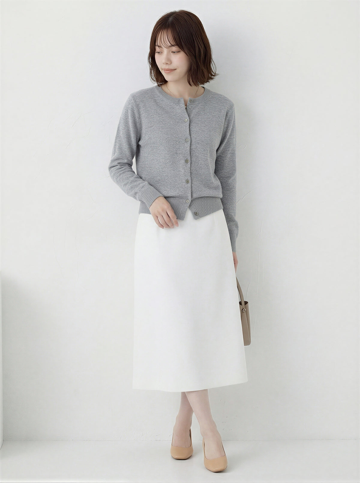 クルーネック シングルボタン フィット ニットカーディガン-シルバー-2XL