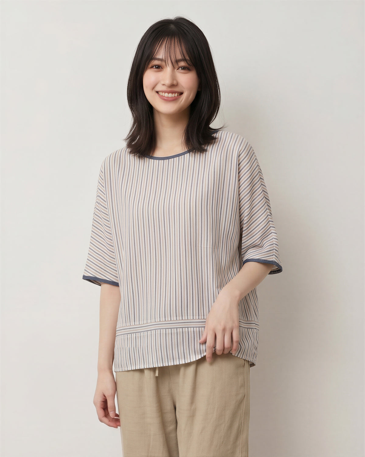 M~2XL 細ストライプ ゆったり クルーネックTシャツ