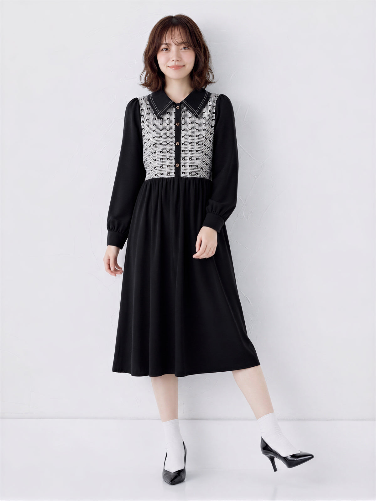 【秋新作】S~XL 切り替えビッグカラー ウエストマーク シャツワンピース