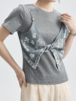 半袖Tシャツ2枚フェイクスカーフ個性的アートキルティングトップス