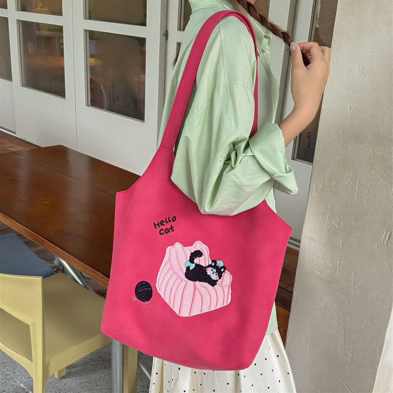 猫アップリケ刺繍 やわらかスエード調 トートバッグ