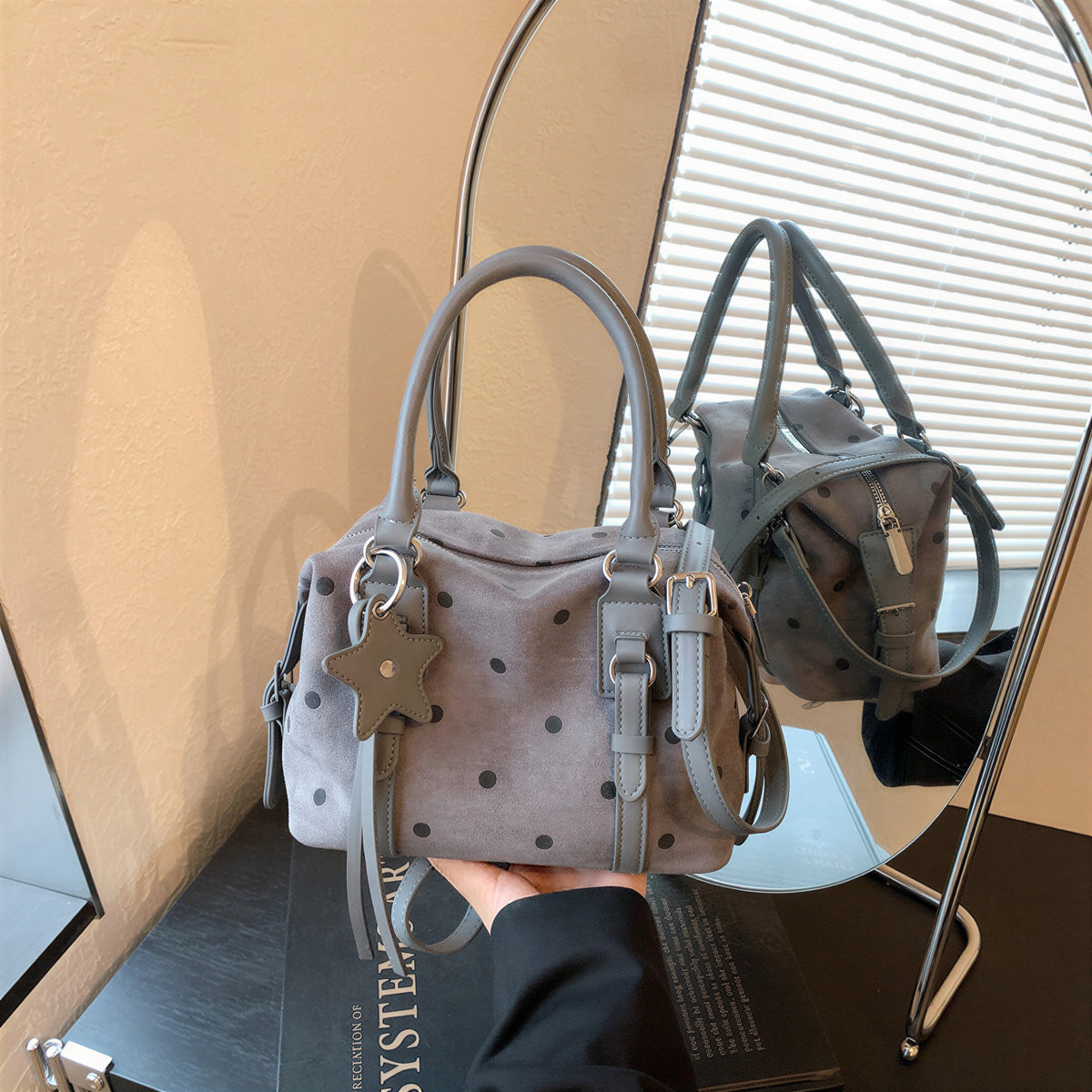 ドット柄 立体シリンダー ドットシリンダー ハンドバッグ ショルダーバッグ-グレー-FREE