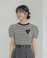 黒×白 細ボーダー ハートワッペン パフスリーブ 半袖Tシャツ