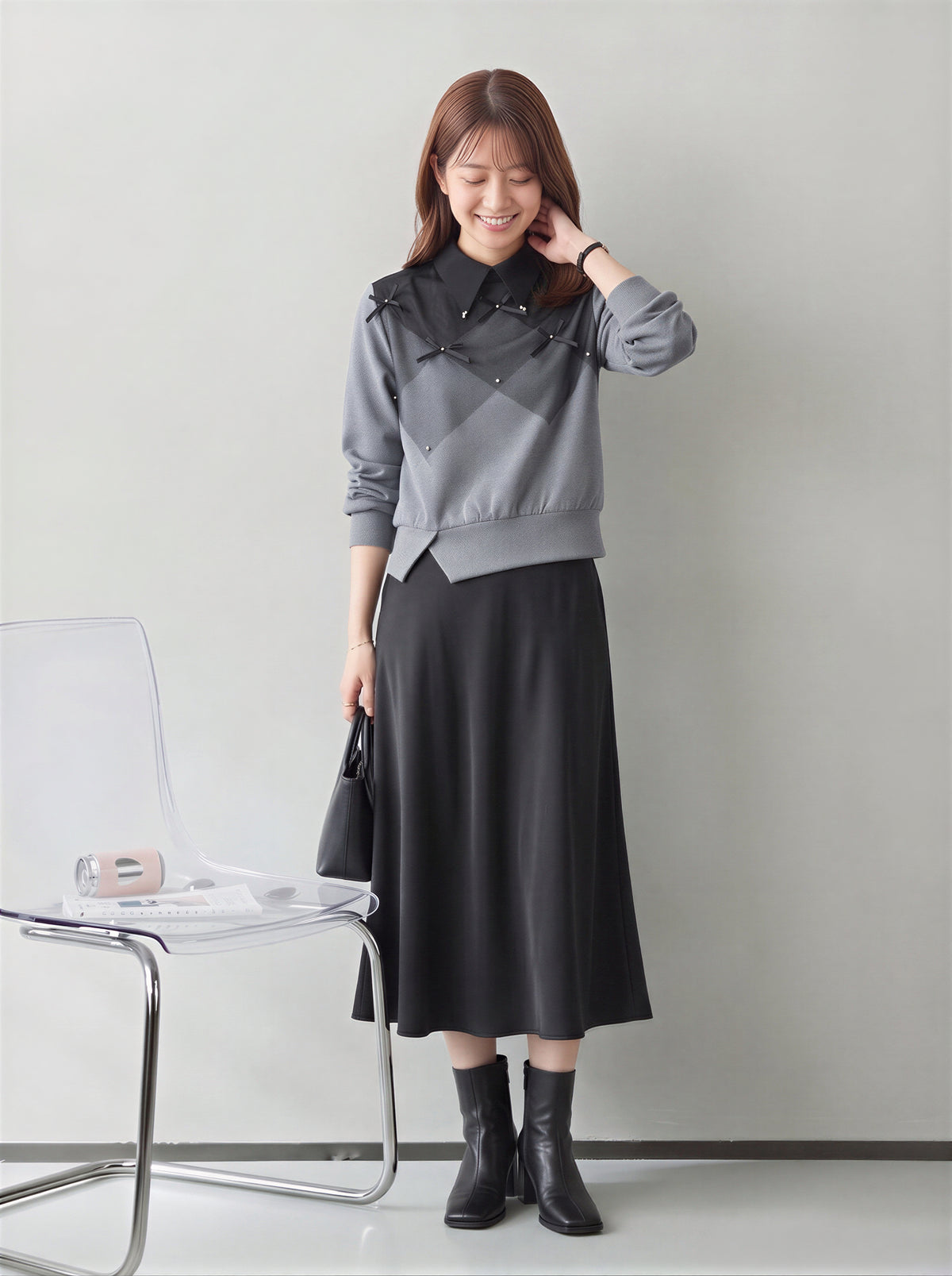 【秋新作】S~XL ダイヤ柄切り替え リボン付き 襟付き フェイクレイヤード スウェット