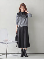 【秋新作】S~XL ダイヤ柄切り替え リボン付き 襟付き フェイクレイヤード スウェット