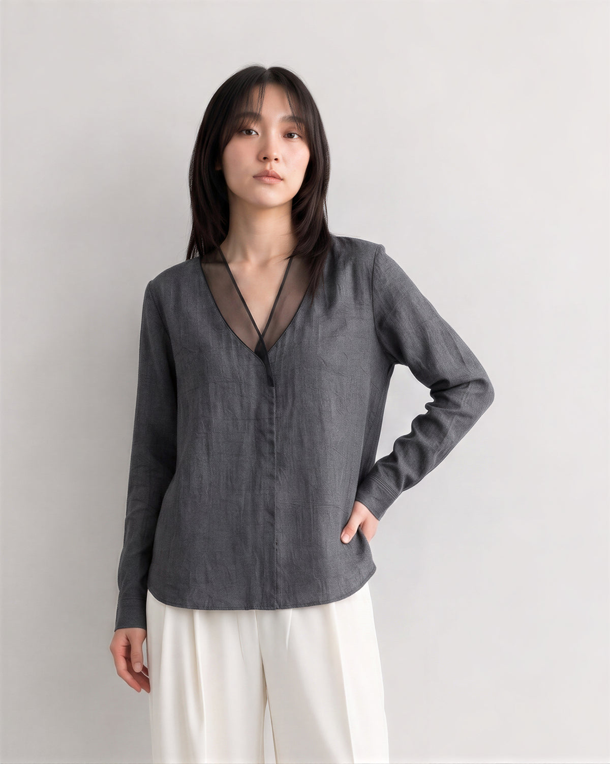 【秋新作】S~XL シアーメッシュ切り替えディープVブラウス
