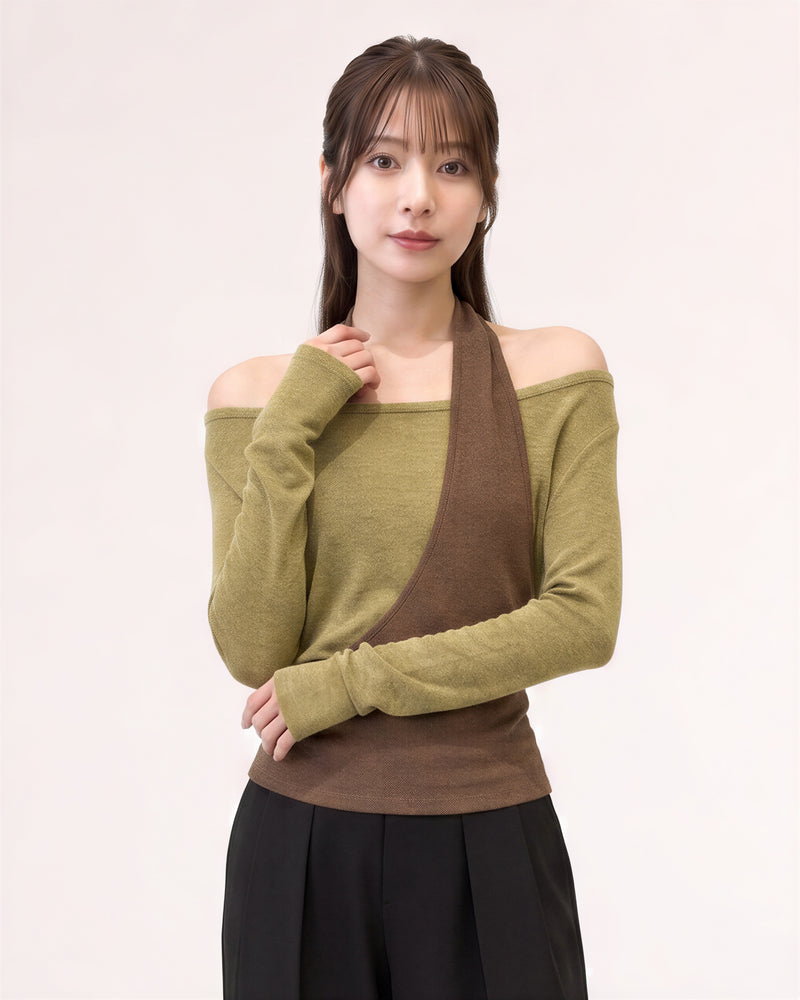 斜めカット ホルターネック オフショルダー フェイクレイヤードTシャツ-オリーブ X モカ-L