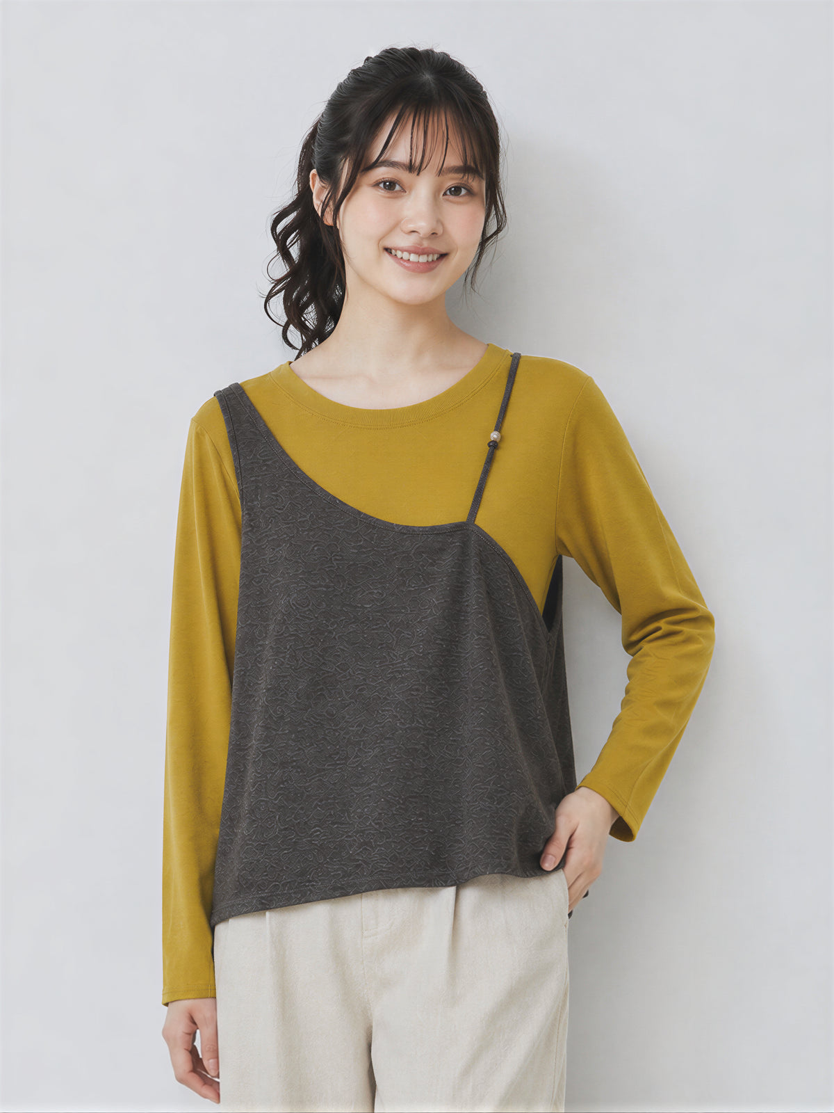 レイヤード風 ゆったり アシンメトリー フェイクツーピースTシャツ-イエロー-3XL