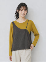 レイヤード風 ゆったり アシンメトリー フェイクツーピースTシャツ-イエロー-3XL