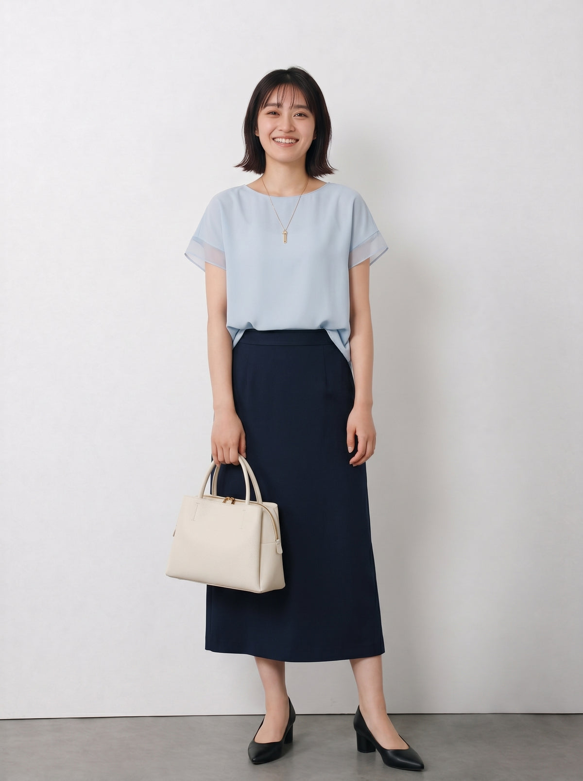 ライトブルー クルーネック 切替 半袖 シフォンブラウス