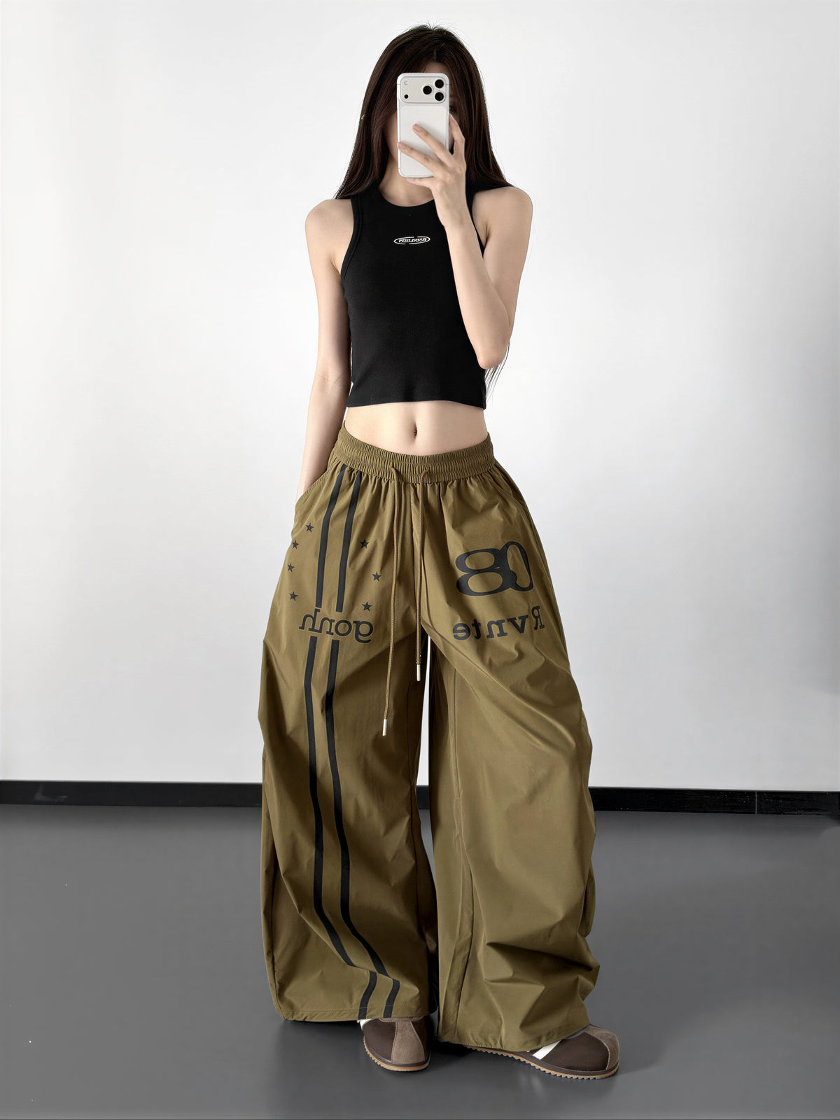 ドローストリング ハイウエスト ワイドシルエットパンツ-カーキブラウン レギュラー-XL