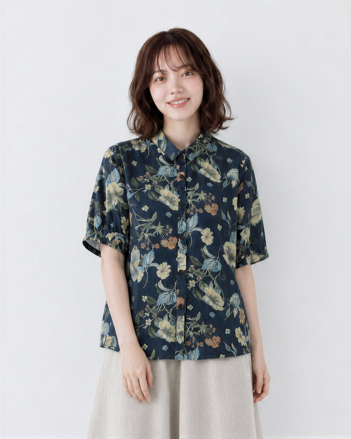 M~2XL レトロフラワープリント ブルーシャツ