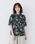 M~2XL レトロフラワープリント ブルーシャツ