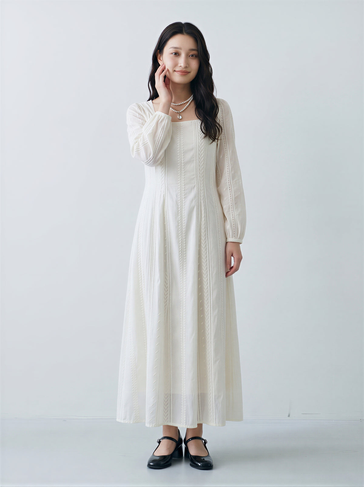 【秋新作】S~2XL  ホワイト ウエストマーク 軽やかレースワンピース