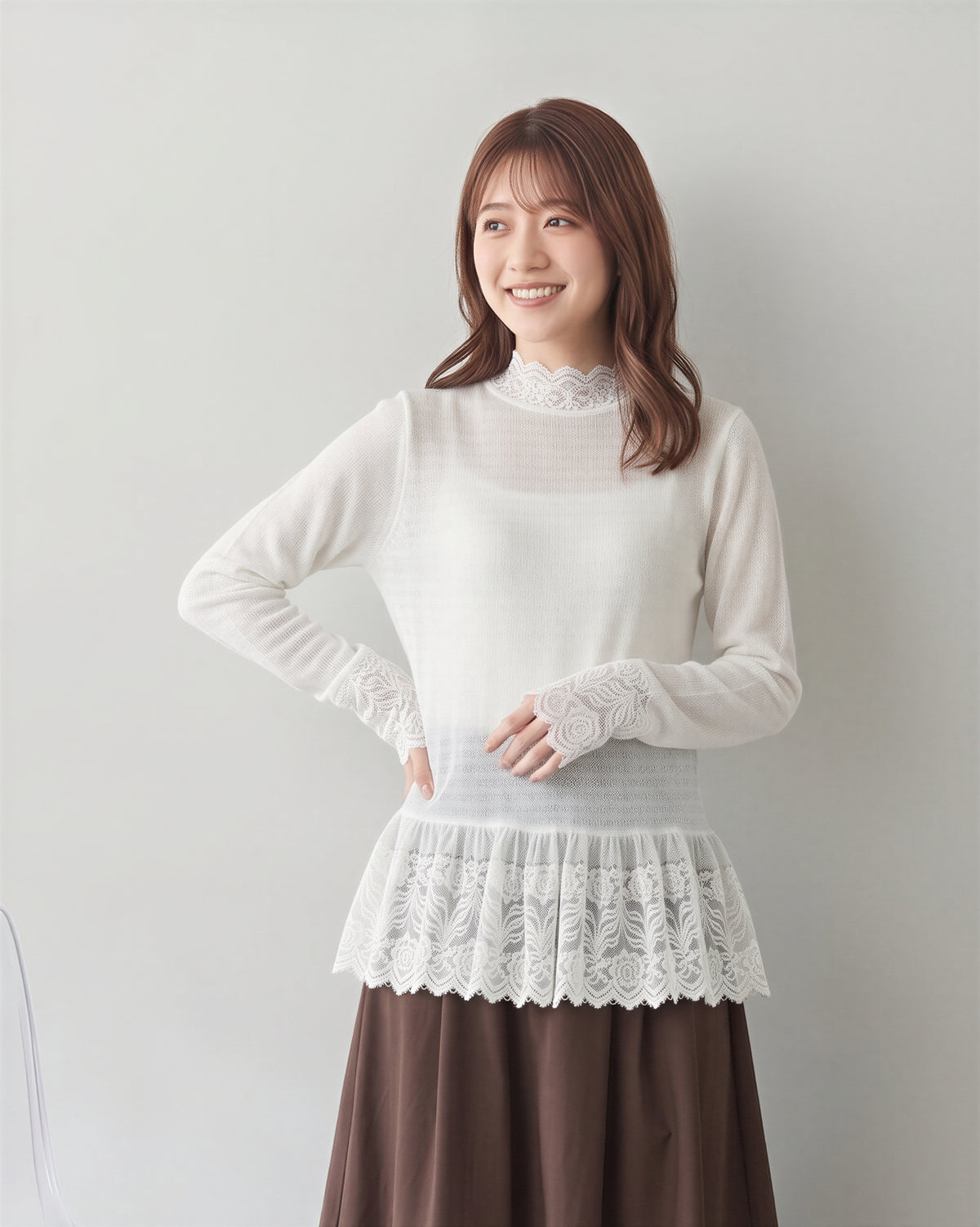 【秋新作】S~XL レース切り替え フリルネック インナー トップス