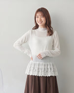 【秋新作】S~XL レース切り替え フリルネック インナー トップス