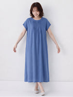 M~2XL プリーツ入りクルーネック ゆったりミディ丈ワンピース
