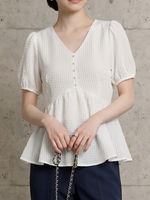 Vネック ウエストシェイプ パフスリーブ シフォンブラウス