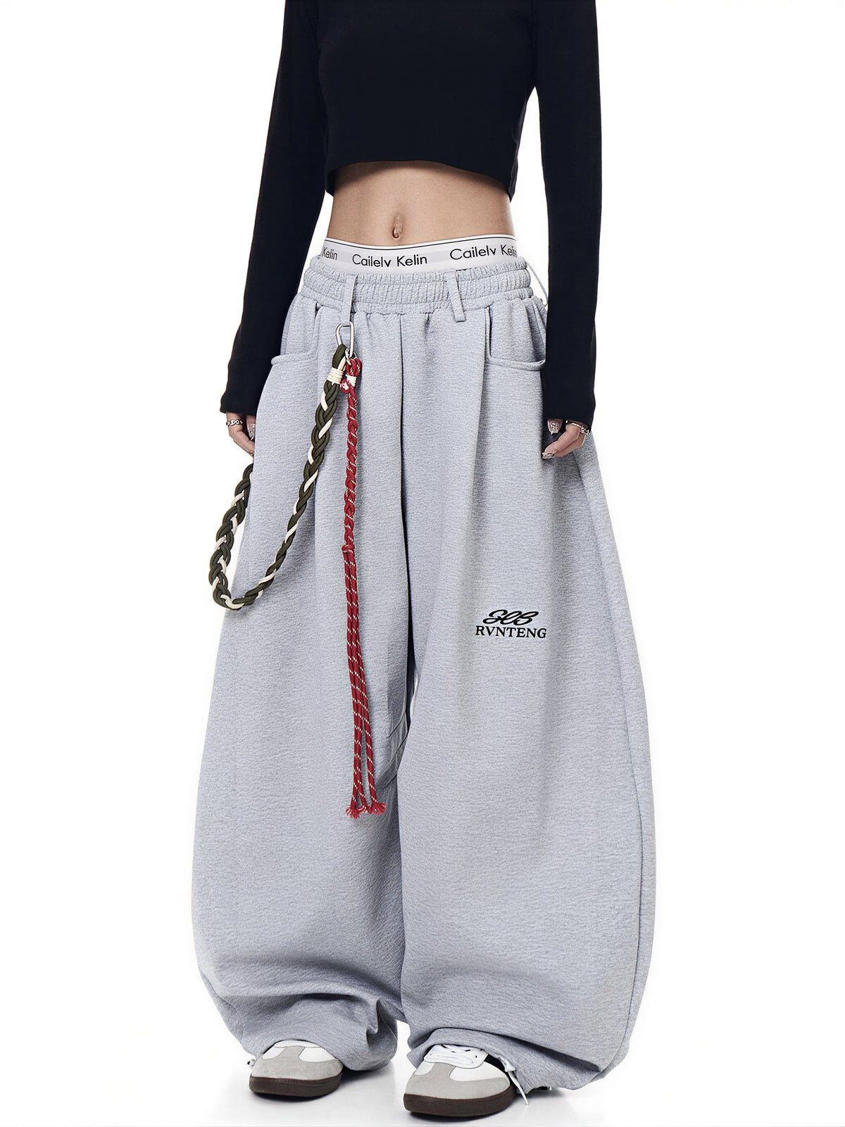 S-2XL ローウエスト チェーン付き ワイド スウェットパンツ