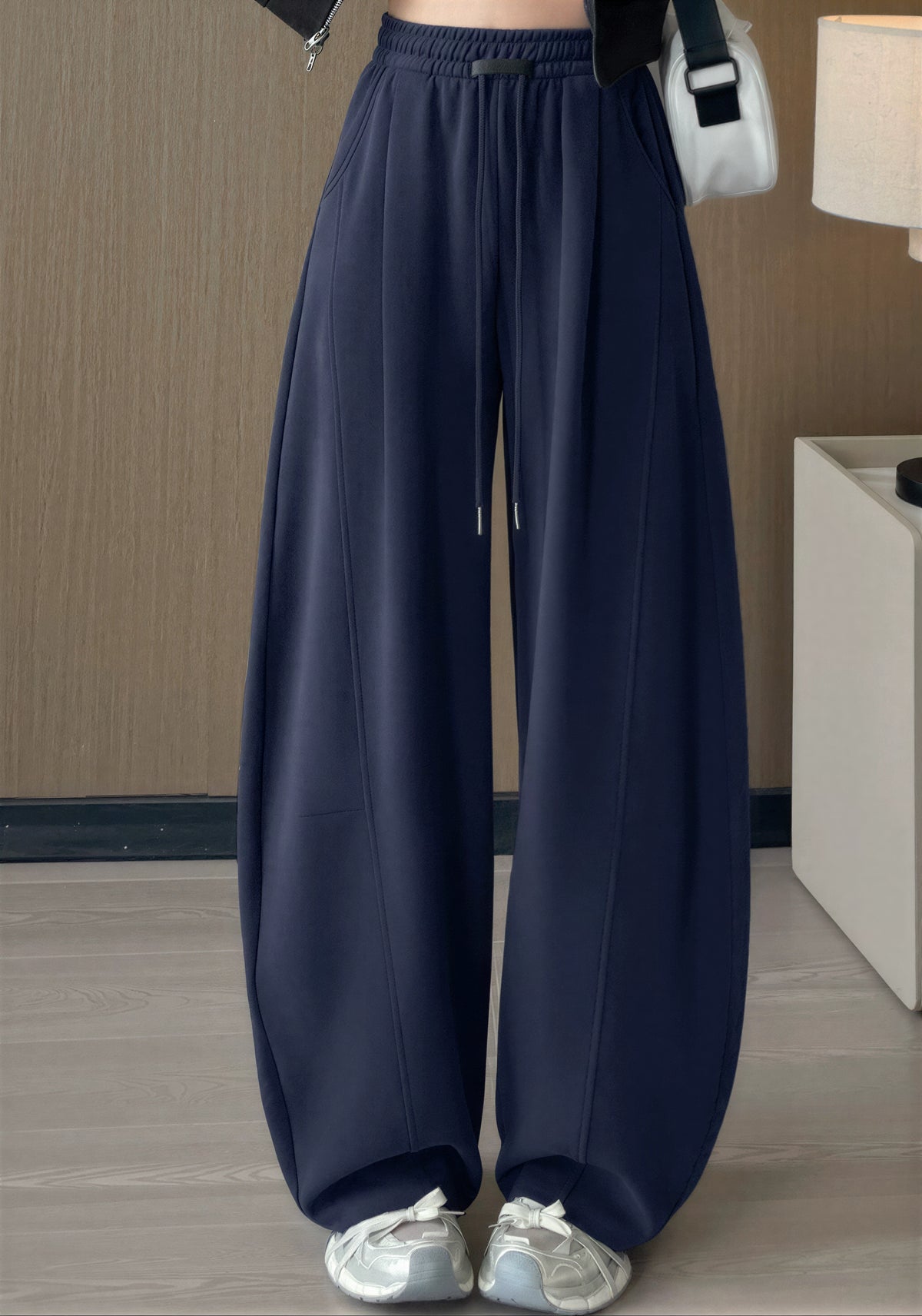 ハイウエスト ドローストリング 立体ワイドパンツ-ダークブルー-3XL