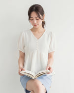 Vネック ウエストシェイプ パフスリーブ シフォンブラウス