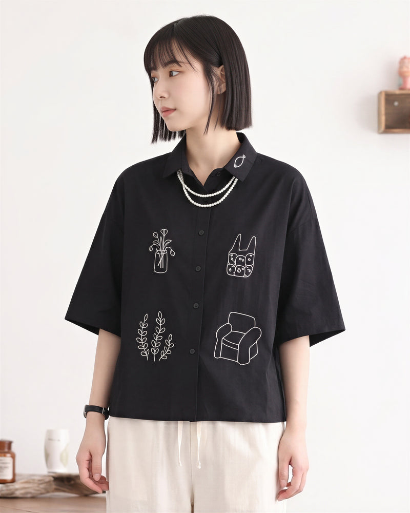 【全2色】M~2XL 遊び心のある線画ルーズ半袖シャツ | 今季人気