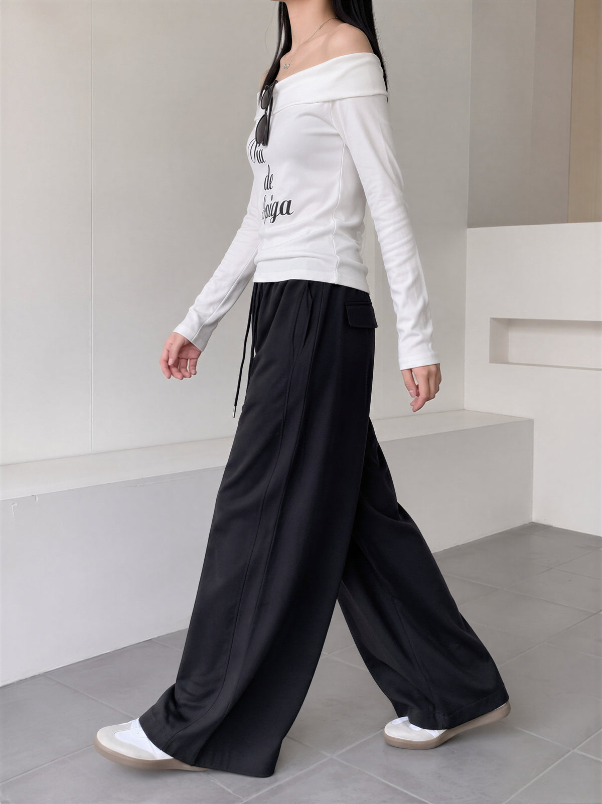 【全4色】M~XL ハイウエスト ドローストリング 裾だまりワイドパンツ