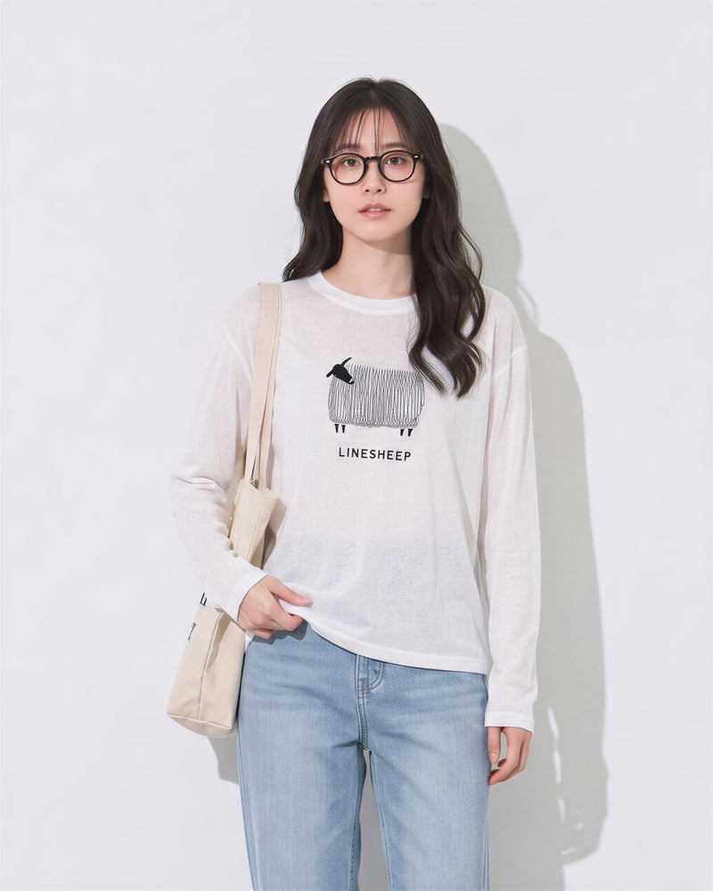 【秋新作】ラウンドネック ラグラン風プリント長袖Tシャツ