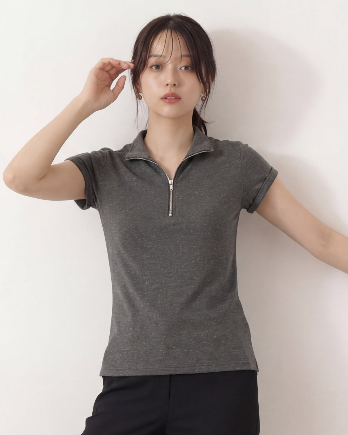 ハーフジップ Vネック フィット 半袖Tシャツ