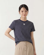 細ボーダー クルーネック スリムフィット 半袖Tシャツ-ダークネイビー-XL