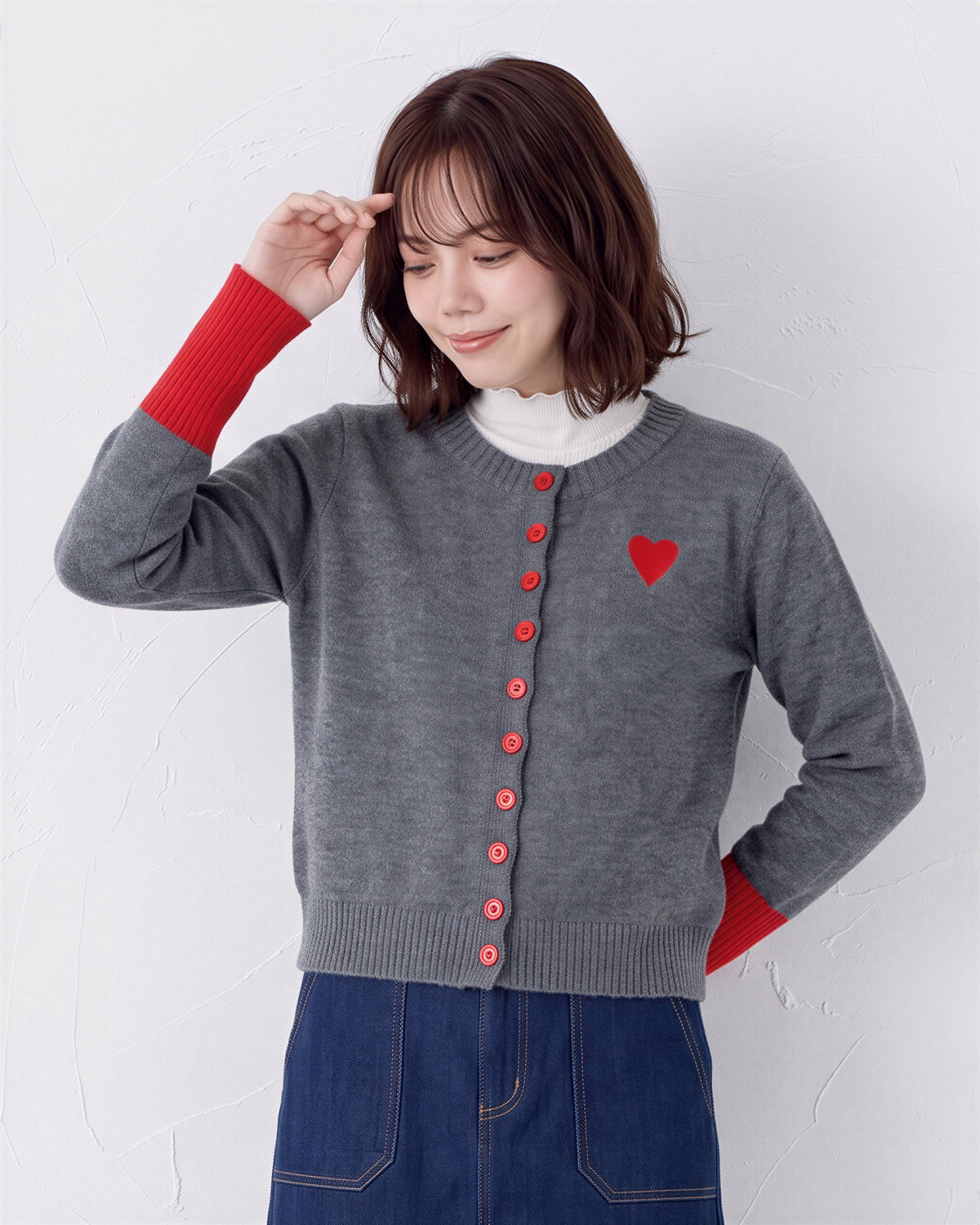 配色リブ ハート刺繍 ニットカーディガン