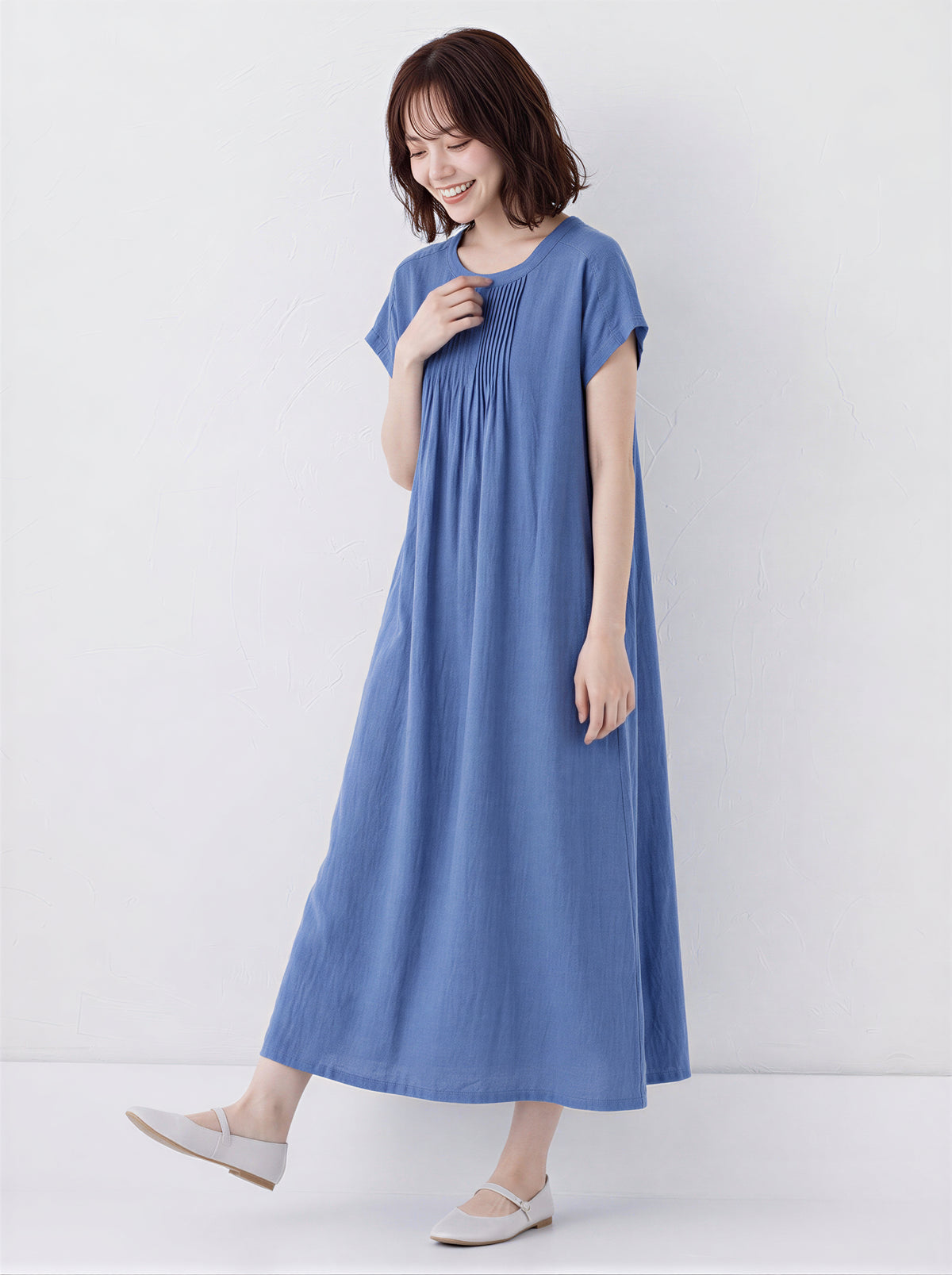M~2XL プリーツ入りクルーネック ゆったりミディ丈ワンピース