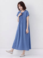 M~2XL プリーツ入りクルーネック ゆったりミディ丈ワンピース