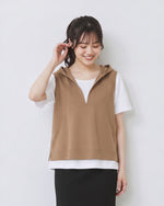 M~3XL フード付きVネック スリット入りフェイクレイヤードTシャツ