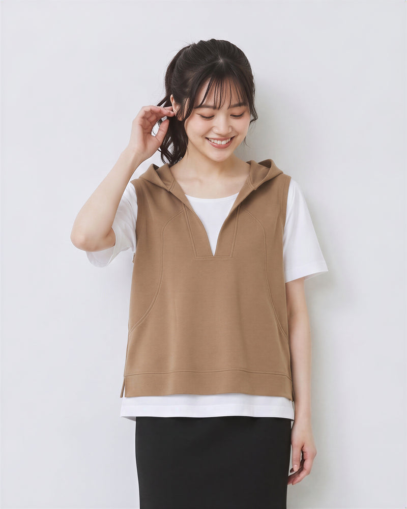M~3XL フード付きVネック スリット入りフェイクレイヤードTシャツ