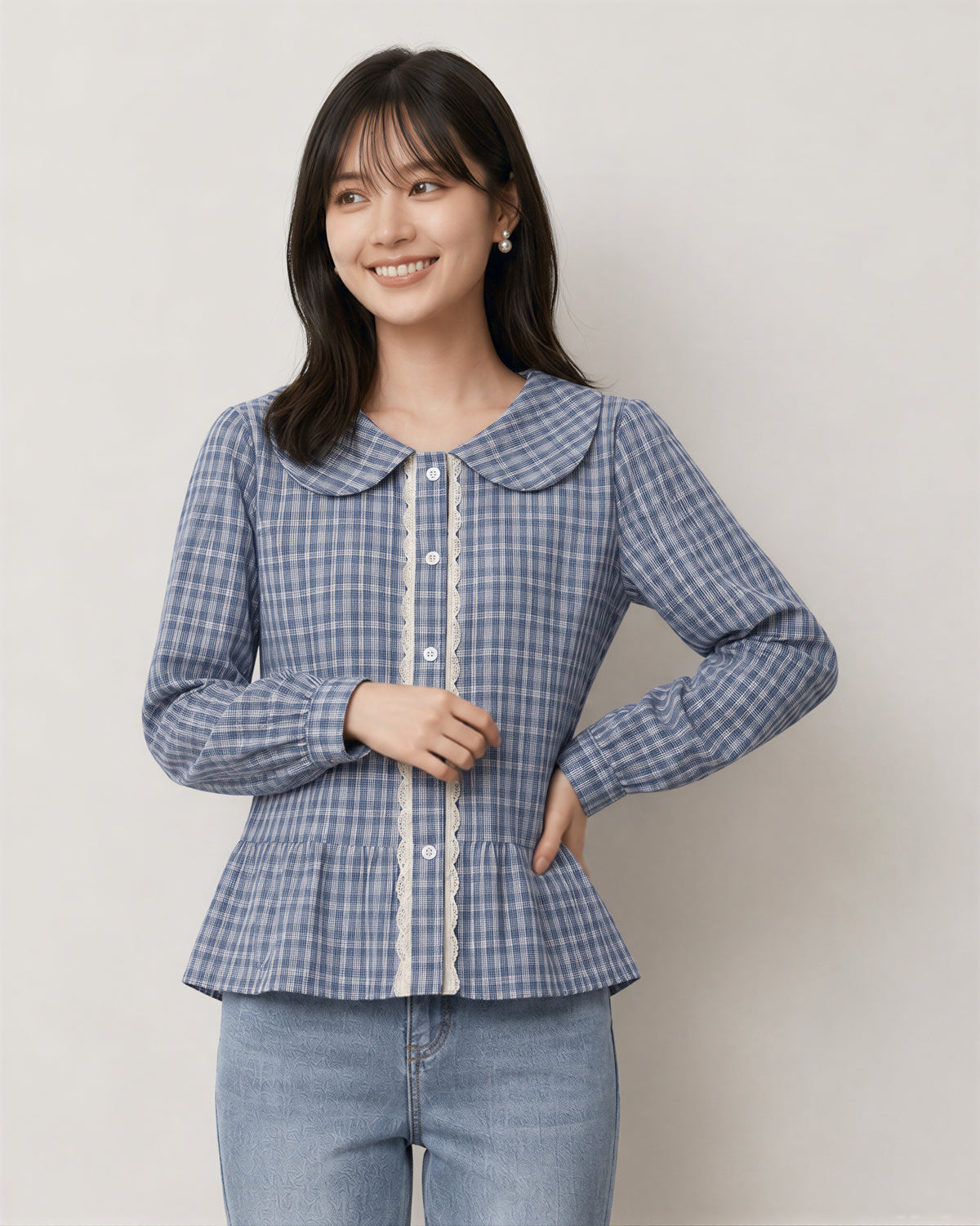 S-XL ライトブルーチェックのドールカラーウエストシェイプシャツ